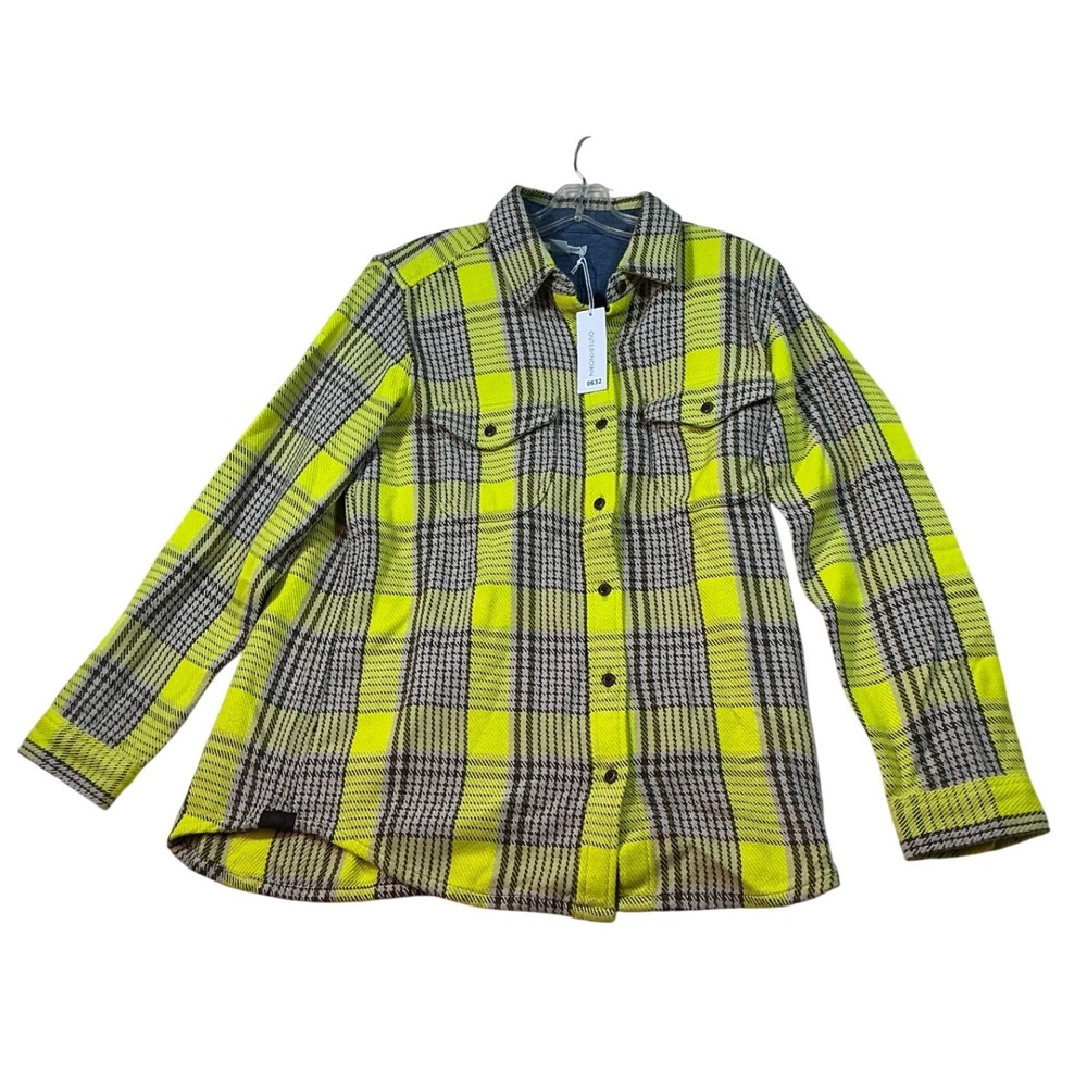 Outerknown Blanket Shirt Mens Medium Neon Yellow Grey Houndstooth Plaid Flannel